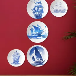 THE QUIRKY HOME 5 Pieces Blue & White Sailing Vessels in Silhouette Ceramic Wall Plates-image-35