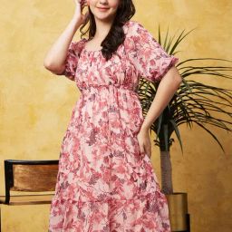 Globus Pink Floral Print Fit & Flare Dress-image-86
