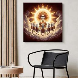 999Store Brown Canvas Wrapped Painting Of Sun God Surya With Horses-41