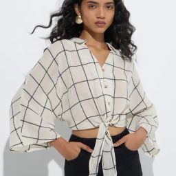 LOV by Westside Beige Checkered Cotton Blouse-picture-24