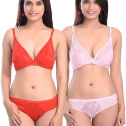 AROUSY Pink & Orange Self Pattern Bra Panty Set - Pack Of 2-picture-10