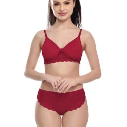 FIMS Maroon Lace Work Bra Panty Set-12