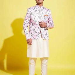 VASTRAMAY Boys Pink & Cream Floral Full Sleeves Kurta Sets-image-94