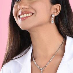 ToniQ Platinum Silver-Plated Drop Shape Crystal Stone Studded Princess Necklace Set for Women-33