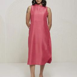 Artagai Tea Berry Pink Elevated Basics Band Collar Sleeveless Dress With Curved Hemline-image-94