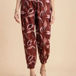 Moomaya Brown Cotton Printed High Rise Joggers-image-11
