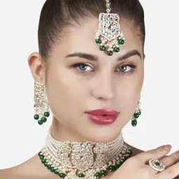 Zaveri Pearls Green Bridal Multistrand Kundan Necklace, Earring, Maangtikka & Ring Set-ZPFK13169-image-57