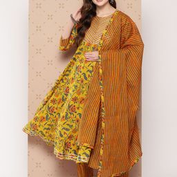 KALINI Pure Cotton Floral Printed Anarkali Gotta Patti Kurta With Trousers & With Dupatta-58