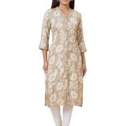 Globus Grey Floral Print Straight Kurta-image-68