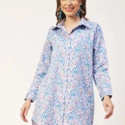 Moomaya Blue & White Floral Print Long Shirt-image-54