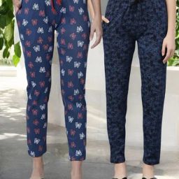 Kryptic Blue & Navy Cotton Relaxed Fit Printed Lounge Pants - Pack of 2-image-65