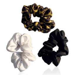 Ahe Naturals Mulberry Silk Hair Scrunchies Set of 3 Leopard Print, Pearl, Jet Black-image-4