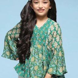 BIBA Girls Kids Green Printed Full Sleeves Top-image-88