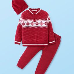 Babyhug Full Sleeves Sweater Set with Cap Diamond Design - Red-image-7