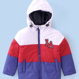 Babyhug Full Sleeves Padded & Hooded Jacket Color Block With Text Embroidery- Blue Red & White-16