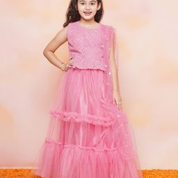 AJ Dezines Sleeveless  Chevron & Chikankari  Self Embroidered Choli  With Lehenga & Dupatta Set - Pink-image-30