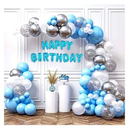 Bubble Trouble Blue & Silver Birthday Balloons for Decoration with Foil Banner Blue- Pack of 65-28