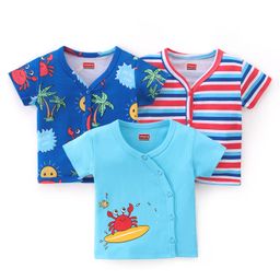 Babyhug 100% Cotton Knit Half Sleeves Front Open Vest Striped & Beach Theme Pack of 3 - Blue Red & White-image-80