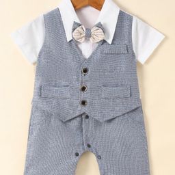 Mark & Mia Half Sleeves Partywear Romper With Bow Detailing Solid Colour - Sky Blue-image-54