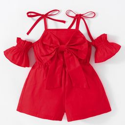 Kookie Kids Off Shoulder Sleeves Solid Color Jumpsuit with Bow Applique - Red-picture-21