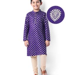EARTHY TOUCH Single Jersey Knit Full Sleeves Kurta & Pajama Set Foil Print - Purple-image-99