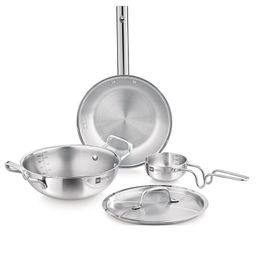 Bergner BE Bergner Essentials TriPly 4 Pcs Cookware Set, Kadai 22cm/2 L, Fry Pan 22cm/1.1 L, Tadka Pan 10cm, 1 Stainless Steel Lid Suitable for Kadai & frypan, Cool Touch Comfort Grip Handle, Silver-17