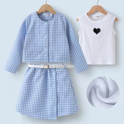 Kookie Kids Full Sleeves Checkered Top & Skirt With Heart Printed Vest - Light Blue-image-56