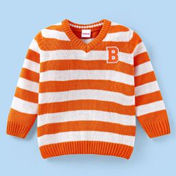 Babyhug Knit Full Sleeves Striped Pullover with Text Embroidery - White & Orange-image-90