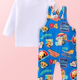Babyhug Disney Single Jersey Full Sleeves Tee and Full Length Dungaree Set with Lion KingPrint-White & Blue-image-30