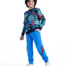 Ollington St. 100% Cotton Knit Full Sleeves Leafy Printed Sweatshirt & Joggers Set-Blue-image-56