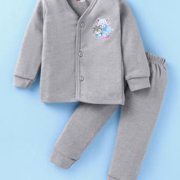 Simply Cotton Knit Full Sleeves Front Open Thermal Vest & Pant Set With Cat Print - Light Grey-image-99