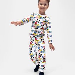 Babyhug Disney Cotton Knit Full Sleeves Night Suit With Mickey Mouse Print - White-image-67