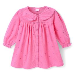 Babyhug Cotton Woven Full Sleeves Peter Pan Collar Frock with Floral Embroidery - Pink-image-7