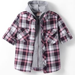 Rikidoos Full Sleeves Checked Shirt With Attached Hooded Tee - Maroon & Grey-image-97