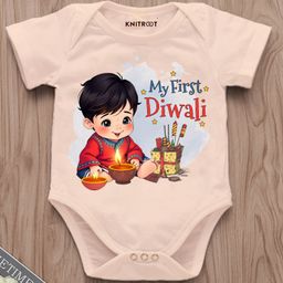 KNITROOT Diwali Theme Half Sleeves My First Diwali Text Printed Onesie - Peach-picture-42