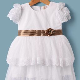 ToffyHouse Woven Half Frill Sleeves Party Mesh Frock with Lace Detailing & Floral Applique - White-picture-46