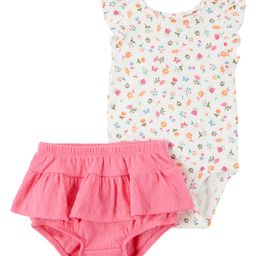 Carter's Knit Frill Sleeves Onesie with Bloomer & Floral Print - Pink & White-picture-42