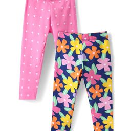 Babyhug Cotton Lycra Full Length Skinny Fit Leggings with Stretch Floral & Polka Dot Print Pack of 2 - Pink & Navy-image-11