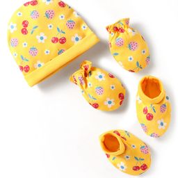 Babyhug 100% Cotton Interlock Knit Cap Mittens & Booties Set with Berries & Floral Print Yellow - Diameter 15 cm-8