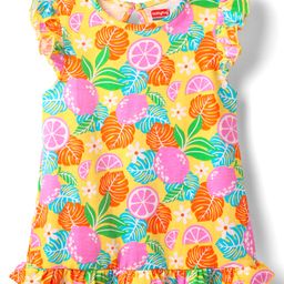 Babyhug Cotton Knit Sleevesless Nighty With Frill Detailing & Tropical Print - Yellow-picture-44