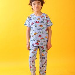 Anthrilo Pure Cotton Knit Half Sleeves Cars Printed Coordinating Tee Pajama Set - Sky Blue-image-47