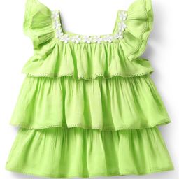 Babyhug Crinkled Crepe Woven Frill Sleeves Layered Top with Lace Detailing - Light Green-image-37