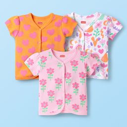 Babyhug 100% Cotton Interlock Knit Half Sleeves Front Open Vest with Floral & Heart Print Pack of 3 - Orange Pink & White-1