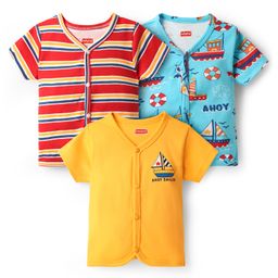 Babyhug 100% Cotton Interlock Knit Half Sleeves Front Open Vest with Stripe Design & Nautical Theme Print Pack of 3 - Yellow Red & Blue-image-37