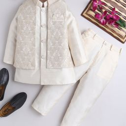 Ahhaaaa Silk Blend Full Sleeves Solid Kurta Pant With Abstract Embroidered Jacket Set - Gold-image-77