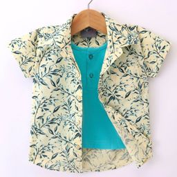 Dapper Dudes Half Sleeves Leaves Printed Shirt With Attached Tee - Lemon-image-48