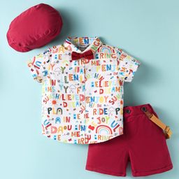 ToffyHouse Poplin Woven Half Sleeves Text Printed Shirt & Short Set with Bow Hat & Suspender - Red & White-image-35