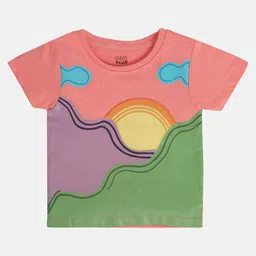 MINI KLUB Cotton Knit Half Sleeves Sunset Embroidered Top - Pink-picture-0
