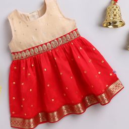 Many frocks & Woven Sleeveless Polka Dots Foil Printed Gota Lace Embellished Dress - Red & Beige-image-59