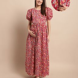Secret Wish Cotton Woven Half Puffed Sleeves Floral Printed Maternity Dress With Side Zipper Nursing Acess - Maroon-picture-25